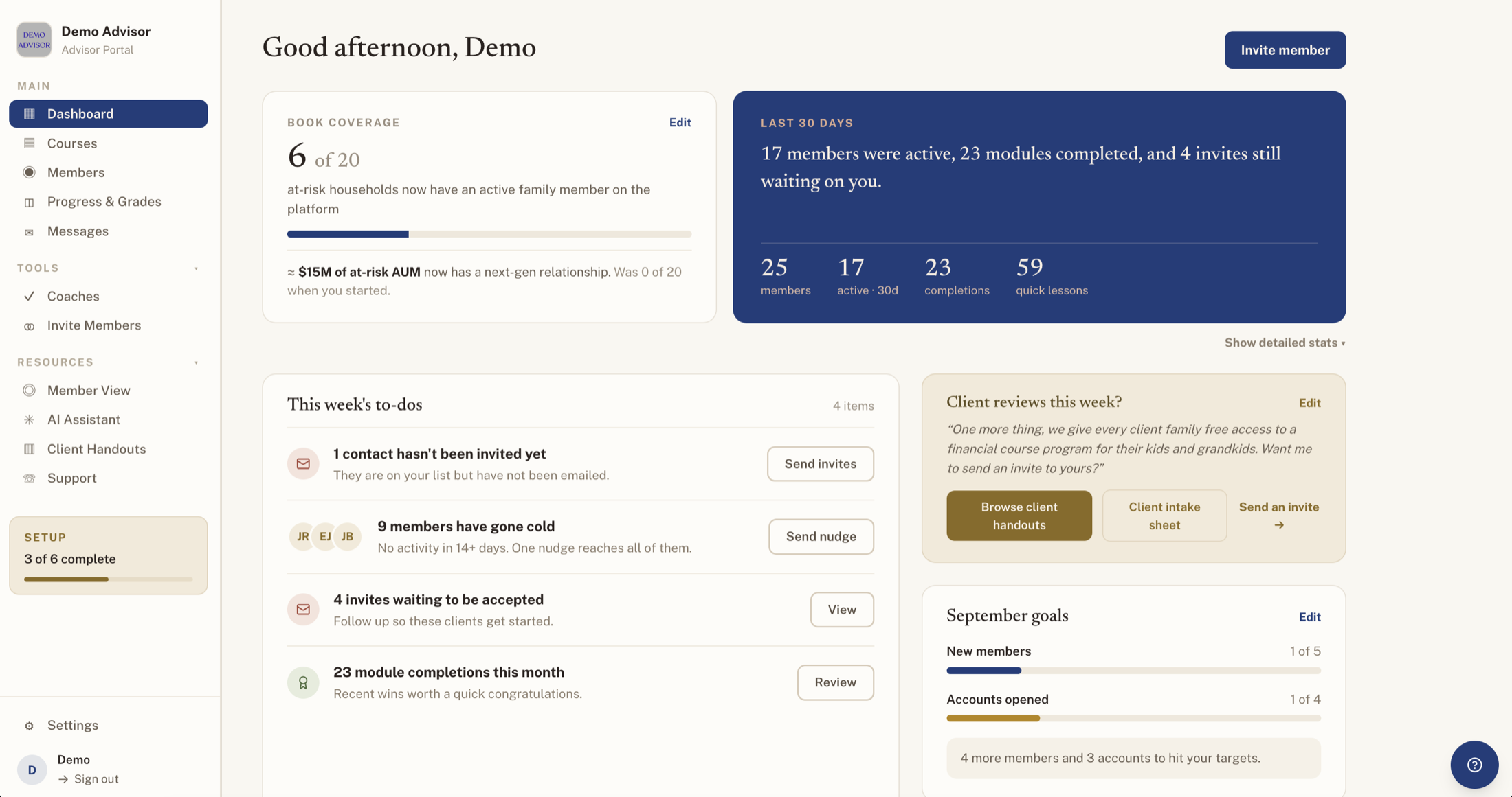 My Money Vision advisor portal dashboard showing book coverage across at-risk households